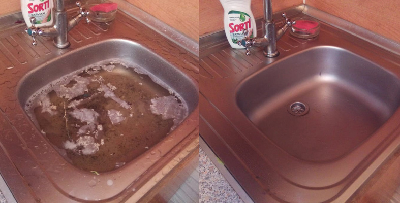Проблема решена. Засор в раковине устранен. Фото кухонной раковины до и после устранения засора.